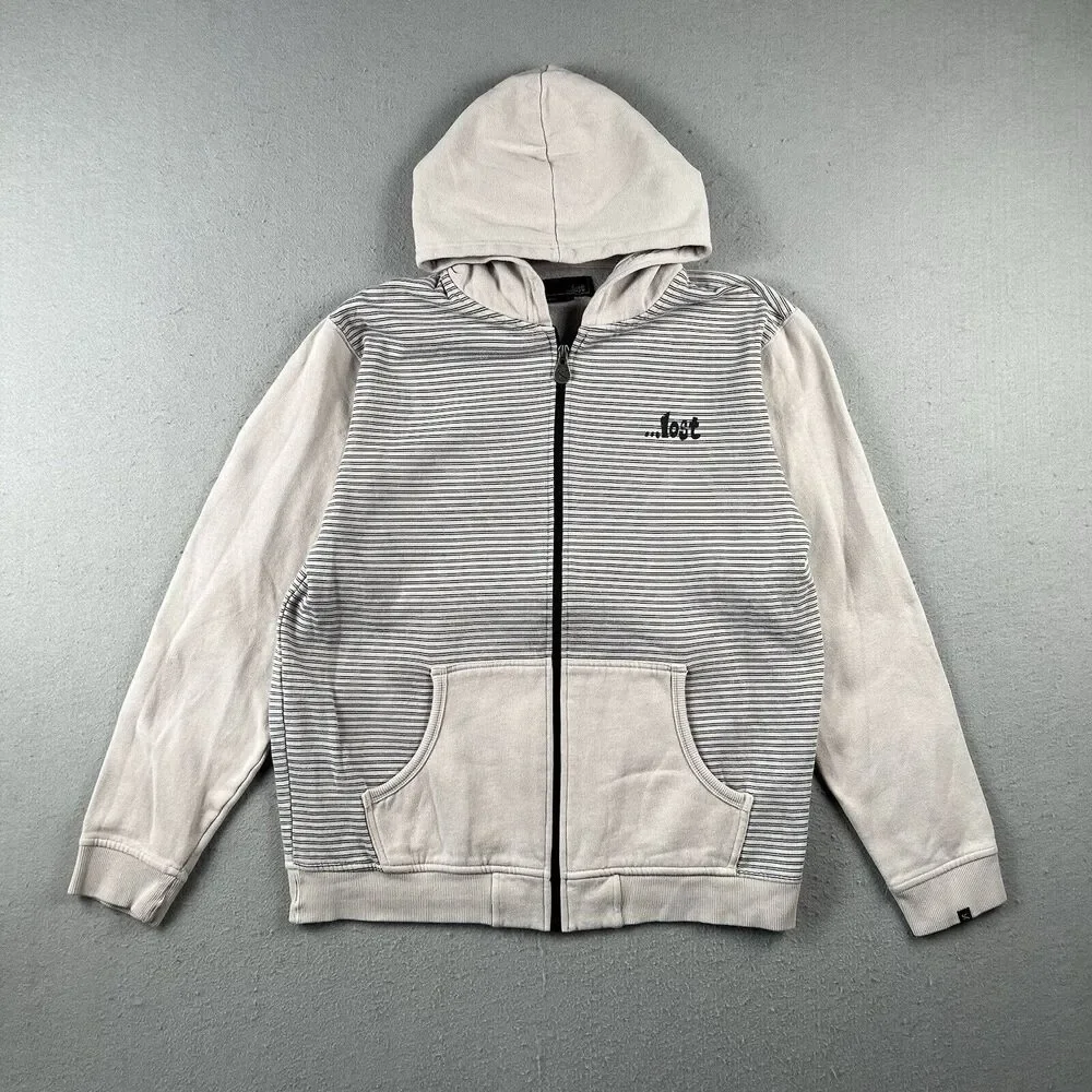 Lost Skateboard Hoodie Men's Medium Tan Striped Full Zip‎ Surf Sweatshirt